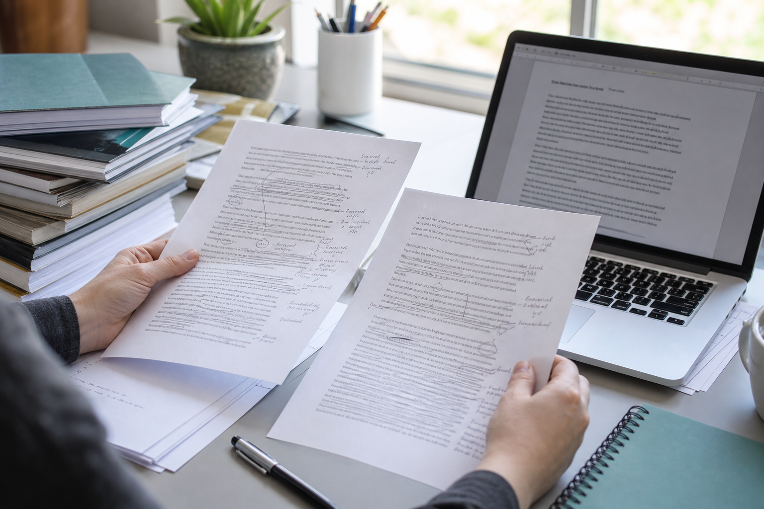Illustration of a reader comparing marked-up manuscript drafts beside a laptop.
